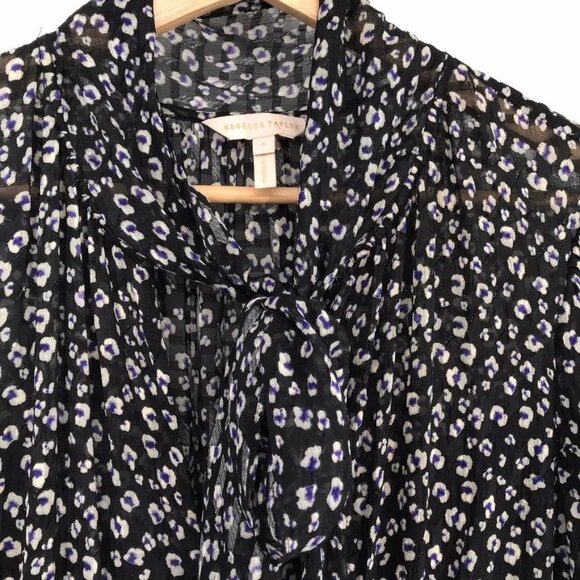 Rebecca Taylor Black  animal print Short Sleeve Dress Ruffle  silk blend size 6 - Picture 4 of 16